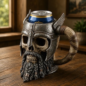 May include: A beverage can cooler shaped like a human skull wearing a weathered metal helmet with wings. The skull features a detailed beard with braided sections and a curved horn-shaped handle wrapped in brown leather-like straps.