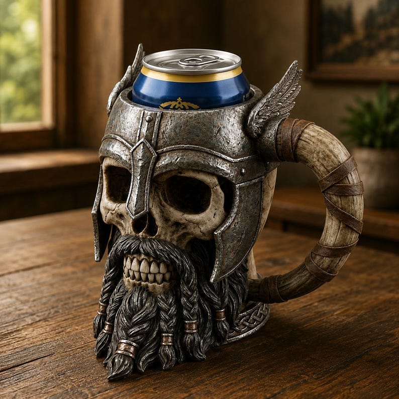 May include: A beverage can cooler shaped like a human skull wearing a weathered metal helmet with wings. The skull features a detailed beard with braided sections and a curved horn-shaped handle wrapped in brown leather-like straps.