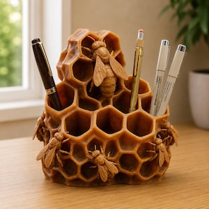 May include: A brown honeycomb-shaped desk organizer made of wax, featuring multiple hexagonal compartments and sculpted bees attached to the exterior. Four pens are inserted into the various openings of the structure.