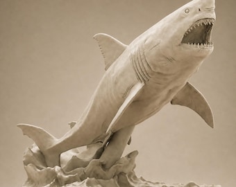 Könnte beinhalten: Detaillierte Skulptur eines großen weißen Hais, der aus dem Wasser springt. Der Hai wird mit offenem Maul dargestellt, das scharfe Zähne zeigt. Die Skulptur hat eine neutrale Farbe und steht auf einem Sockel, der Meereswellen darstellt.