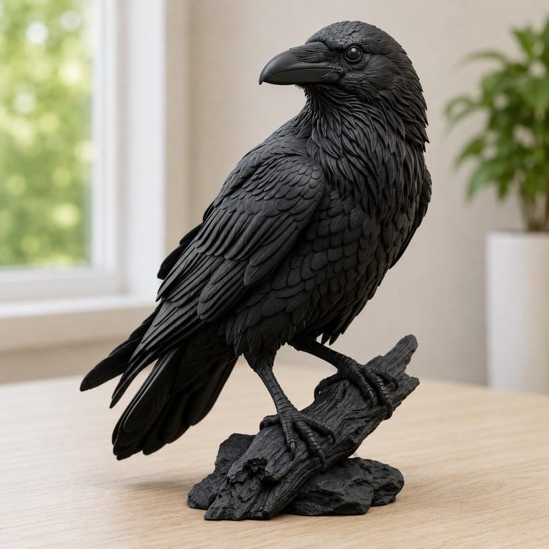 Puede incluir: Una figura de cuervo negro mate posada sobre una rama texturizada. La escultura presenta patrones de plumas detallados, un pico afilado y una mirada enfocada, capturando al ave en posici&oacute;n de pie con las alas plegadas contra el cuerpo.