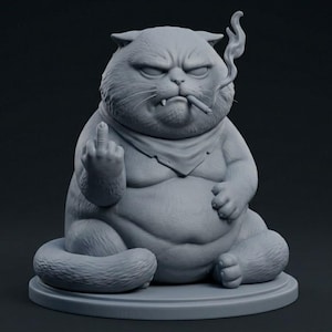 May include: A gray sculpture of a grumpy cat seated with its legs crossed. The cat is smoking a cigarette and giving the middle finger. It wears a bandana and sits on a round base. The sculpture has a detailed, textured surface.