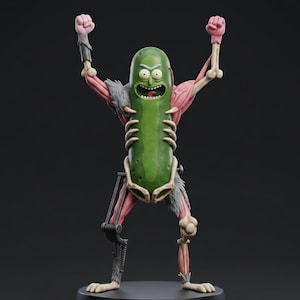 May include: A detailed figurine of Pickle Rick from the animated series "Rick and Morty." The figure features a green pickle body with exposed muscle and bone structure, arms raised in a triumphant pose. The base is black, and the background is a dark gray.