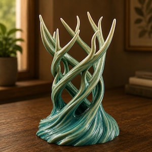May include: A decorative ceramic sculpture featuring a series of intertwined, branch-like forms that rise from a wide, rippled base. The object has a glossy, multi-tonal finish that transitions from deep teal at the bottom to a pale, creamy green.