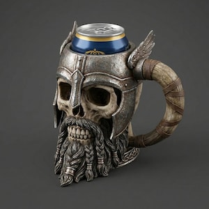 May include: A beverage can cooler shaped like a human skull wearing a weathered metal helmet with wings. The skull features a sculpted beard with braided sections and a handle designed to resemble a curved animal horn wrapped in brown leather strips.