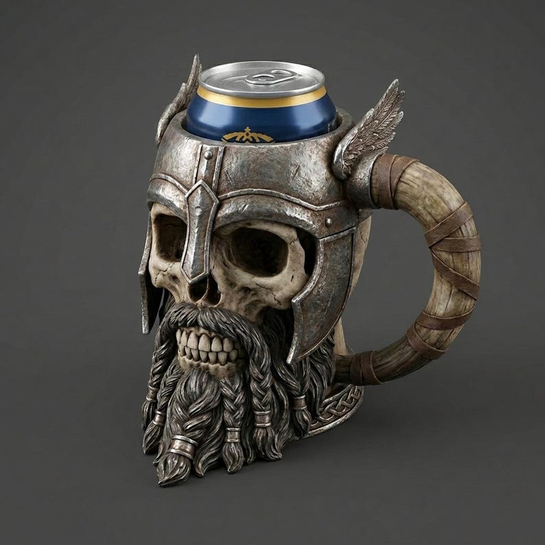 May include: A beverage can cooler shaped like a human skull wearing a weathered metal helmet with wings. The skull features a sculpted beard with braided sections and a handle designed to resemble a curved animal horn wrapped in brown leather strips.