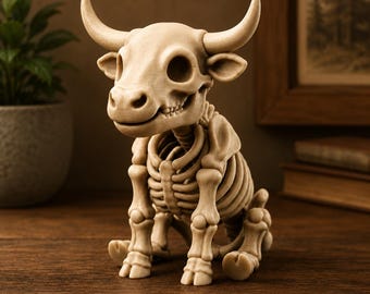 May include: A beige, bone-colored figurine of a seated calf skeleton. The figure features a stylized skull with large, hollow eye sockets, curved horns, and visible rib cage and limb bone structures, rendered in a smooth, matte finish.