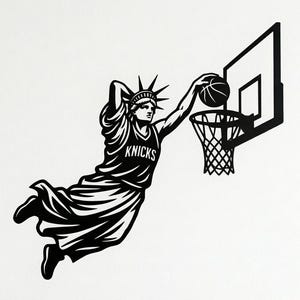 May include: Black and white illustration of the Statue of Liberty dunking a basketball. The statue wears a Knicks jersey and is mid-air, about to score. The basketball hoop and net are also black.