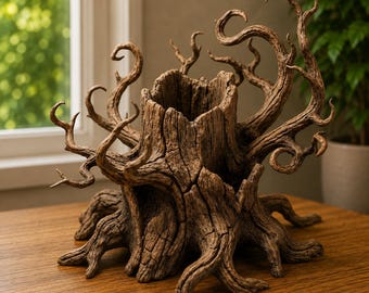 May include: A brown, hollow tree stump planter featuring textured bark and intricate, gnarled branches that extend outward. The central opening is deep and cylindrical, mimicking the appearance of a weathered, aged forest tree base.