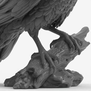 Puede incluir: Una figura monocrom&aacute;tica gris de un ave con plumaje detallado, posada sobre una base de rama texturizada y roca. Las garras afiladas del ave se ven claramente mientras se aferran a la madera, mostrando texturas de plumas muy precisas.