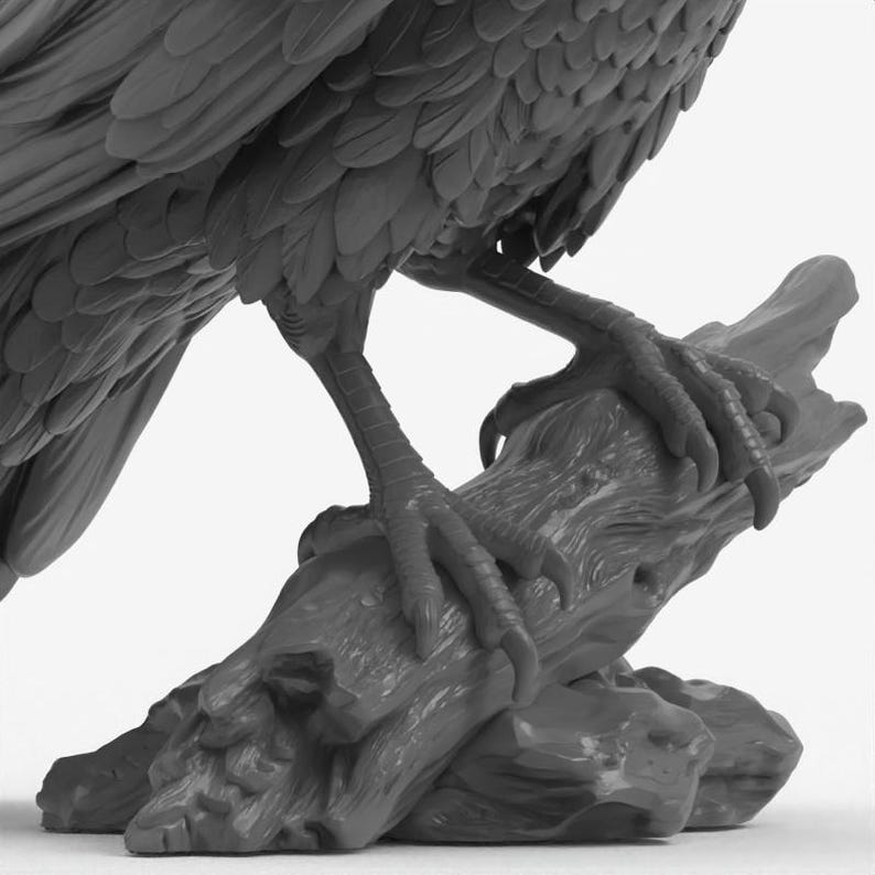 Puede incluir: Una figura monocrom&aacute;tica gris de un ave con plumaje detallado, posada sobre una base de rama texturizada y roca. Las garras afiladas del ave se ven claramente mientras se aferran a la madera, mostrando texturas de plumas muy precisas.