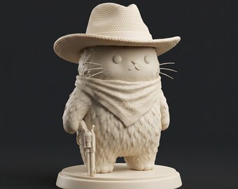 Könnte beinhalten: Cremefarbene Figur einer Katze als Cowboy verkleidet. Die Katze trägt einen Cowboyhut, ein Halstuch und hält eine Spielzeugpistole. Die Figur steht auf einem runden Sockel und hat ein strukturiertes, pelziges Aussehen.