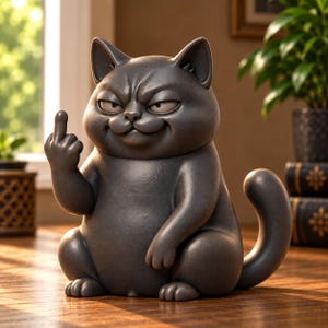 May include: A dark grey, matte-finished cat figurine sitting in an upright position. The cat has a rounded body, pointed ears, and a smug facial expression. Its right paw is raised with the middle finger extended, while its tail curves upwards.