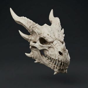 Drakskalle STL | Fantasiskalle 3D-utskriftsfil | Skelettmodell av mytisk varelse | Gotisk dekor STL | Skulptur av drakhuvud och ben