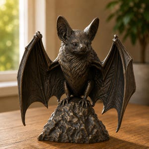 May include: A bronze-toned bat figurine perched on a textured rock base. The bat has large, pointed ears, detailed fur texture on its chest, and fully extended wings with visible membrane structures, captured in a realistic, sculptural form.