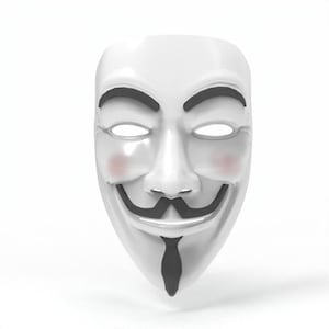 May include: A white plastic mask with black eyebrows, mustache, and a goatee. The mask has a smiling expression with rosy cheeks and eye holes. The mask is a popular symbol of protest and anonymity.
