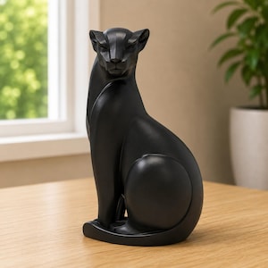 Puede incluir: Una escultura negra mate de una pantera sentada con rasgos afilados y angulosos y un acabado liso. La figura felina se muestra en una postura erguida y alerta con la cabeza mirando hacia adelante, exhibiendo un diseño geométrico elegante.