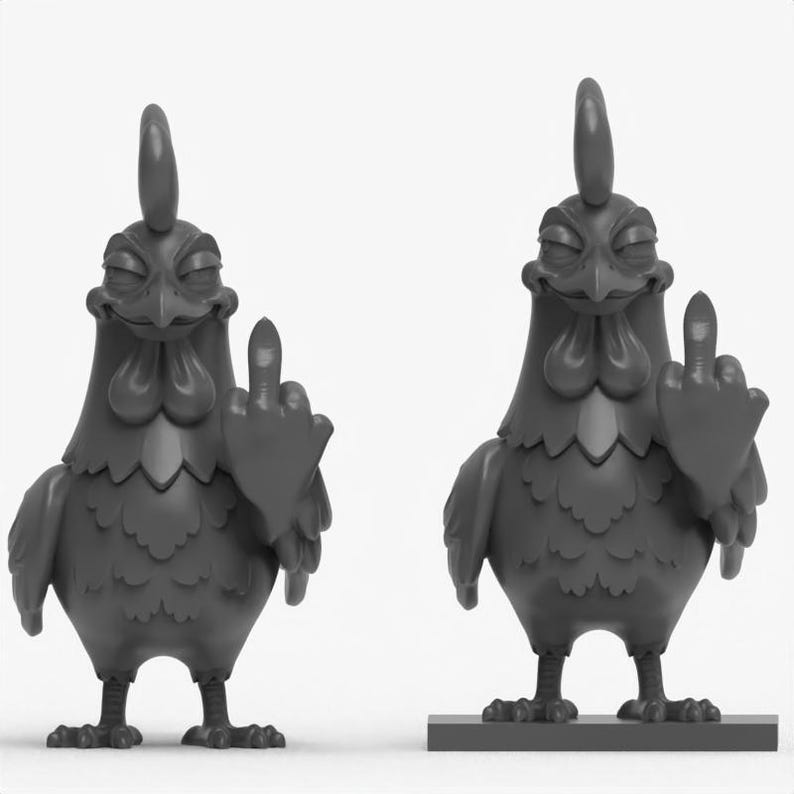 May include: Two gray chicken figurines, each with a hand gesture. The chickens have a detailed feather design and a comb on their heads. One chicken is standing on a base. The chickens are in a neutral pose.