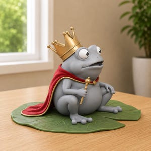 Può includere: Una statuetta di rana grigia che indossa una corona dorata e un mantello rosso con bordo dorato. La rana tiene in mano un piccolo scettro dorato ed è seduta su una ninfea verde piatta. La figura ha grandi occhi e una finitura opaca e liscia.