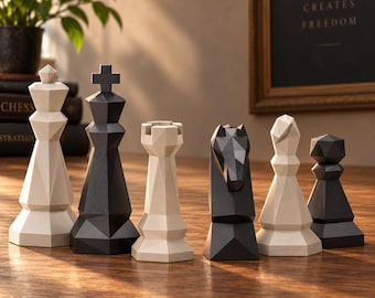 Low-Poly Chess Set STL File | 3D Printable Geometric Chess Pieces | Modern Chess Design for Resin, Marble & Gemstone 3D Printing