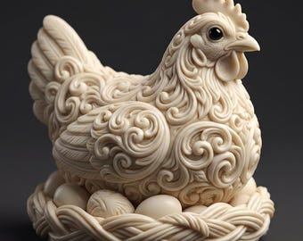 Könnte beinhalten: Elfenbeinfarbene Hühnerfigur mit aufwendigen, wirbelnden Mustern. Das Huhn sitzt auf einem geflochtenen Nest mit mehreren Eiern. Die Skulptur hat eine detaillierte, strukturierte Oberfläche und einen dunkelgrauen Hintergrund.