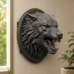 Dire Wolf Head Wall Mount STL File, Wolf Skull Trophy, Fantasy Wolf Wall Decor, 3D Print Wolf Head, Gothic Wall Art, Animal Trophy STL
