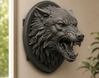 Dire Wolf Head Wall Mount STL File, Wolf Skull Trophy, Fantasy Wolf Wall Decor, 3D Print Wolf Head, Gothic Wall Art, Animal Trophy STL