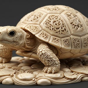 May include: Ivory-coloured turtle sculpture with intricate carved details on its shell and legs. The turtle is posed on a base with a water lily design, creating a serene and artistic display. The sculpture is a decorative item.