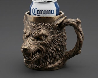 Wolf hoofd blikhouder STL-bestand, mok bier Coozie, wolf mok 3D-print, rustieke dieren bekerhouder, blikje koeler STL, bar decor