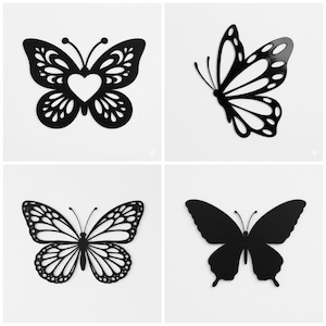 May include: Four black butterfly designs on a white background. The butterflies have various wing patterns, including openwork and solid silhouettes. One butterfly features a heart-shaped cutout in the center.