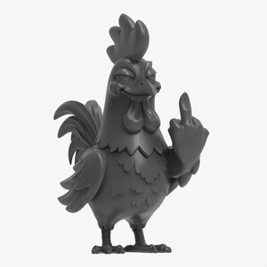 May include: A gray figurine of a rooster giving the middle finger. The rooster has a detailed comb, wattle, and tail feathers. The figurine is standing on two feet and has a smug expression.