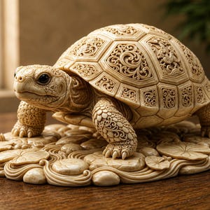 May include: A cream-colored turtle figurine featuring intricate, carved scrollwork patterns on its shell and limbs. The turtle stands on a base sculpted to resemble water ripples, smooth stones, and lily pads, all rendered in a uniform, light-toned finish.
