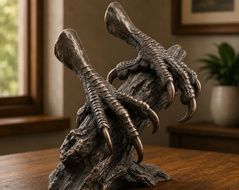 May include: A bronze-toned sculpture depicting two bird talons gripping a textured piece of wood. The detailed claws are curved and pointed, featuring realistic scales and a weathered finish that highlights the rugged texture of the branch base.