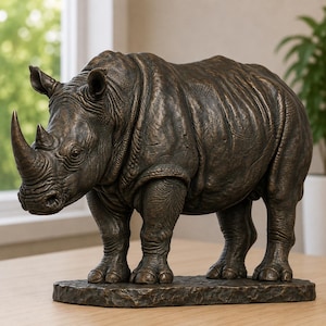 May include: A bronze-colored rhinoceros figurine standing on a textured rectangular base. The sculpture features detailed skin folds, a prominent horn on the snout, and pointed ears, capturing the animal in a realistic, standing side profile pose.
