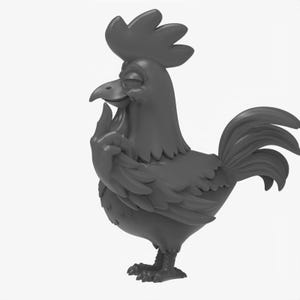 May include: A gray figurine of a rooster with a large comb and tail feathers. The rooster is depicted with a thoughtful expression, holding a finger up to its beak. The figurine has detailed feather textures and stands on two feet.