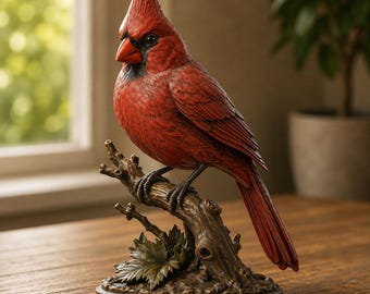 May include: A detailed figurine of a northern cardinal bird with vibrant red plumage, a pointed crest, and a bright orange beak. The bird is perched on a textured brown tree branch base that features small green leaves at the bottom of the sculpture.