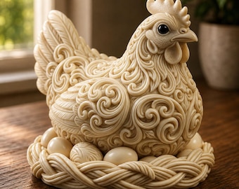 May include: A cream-colored figurine of a hen sitting on a nest of eggs. The hen features intricate, raised scrollwork patterns across its body and wings, with a smooth beak and dark eyes. The nest is sculpted to resemble woven straw.