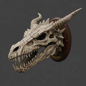 May include: An off-white dragon skull with prominent teeth and horns, mounted on a dark brown wooden plaque. The skull has a cracked texture, suggesting age and a fantasy theme. The plaque is approximately 20 cm in diameter.