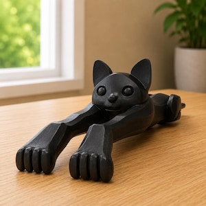 Può includere: Un fermaporta nero opaco a forma di gatto in posizione di allungamento. La figura del gatto ha orecchie a punta, occhi rotondi e zampe anteriori estese con dita visibili. L'oggetto è realizzato con una finitura liscia e solida.
