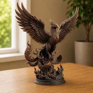 May include: A bronze-coloured phoenix sculpture with wings fully extended upwards. The mythical bird features detailed plumage and a long, flowing tail that merges into a base of stylised flames. The figure is captured in a dynamic, rising pose.