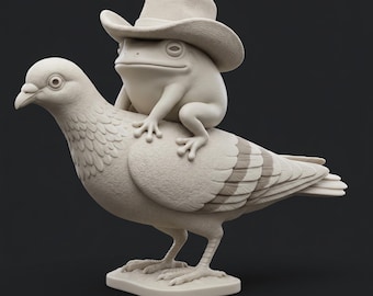 Cowboy Frosch Reittaube STL Datei für 3D Druck, Lustige Western Frosch Figur, süßes Tier Meme druckbares Modell, druckbare Frosch Figur