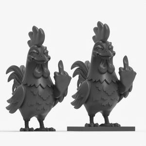 May include: Two gray rooster figurines, each with a hand giving the middle finger. The roosters have detailed feathers, a comb, and a wattle. One rooster stands alone, while the other is on a rectangular base.