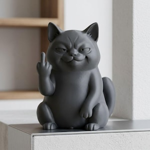 May include: A gray cat figurine with a smug expression, giving the middle finger. The cat is sitting with its tail curled and paws visible. The figurine is made of a solid material and has a matte finish.