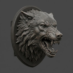 May include: A detailed, grey wolf head sculpture mounted on a dark wooden plaque. The wolf's mouth is open, revealing sharp teeth and a long tongue. The fur is textured, and the eyes are intense.