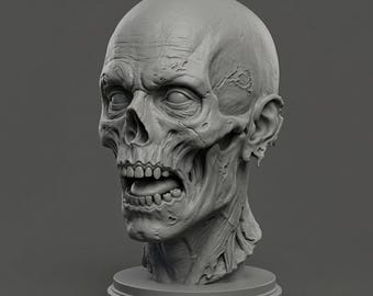 Könnte beinhalten: Grauer, skulptierter Zombie-Kopf mit offenem Mund und sichtbaren Zähnen. Die detaillierte Skulptur zeigt den Schädel, die Gesichtsmuskeln und den Hals, montiert auf einem kreisförmigen Sockel. Der Kopf hat ein verwittertes Aussehen.