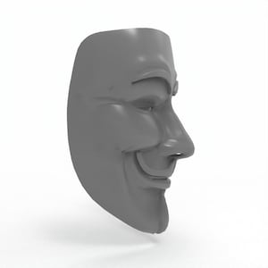 May include: A gray, smiling mask with a stylized human face. The mask has a prominent nose, a wide smile, and a smooth, matte finish. The mask is designed to be worn and is likely made of plastic or a similar material.