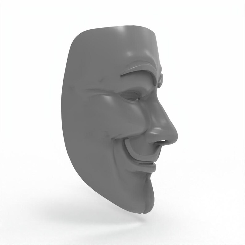 May include: A gray, smiling mask with a stylized human face. The mask has a prominent nose, a wide smile, and a smooth, matte finish. The mask is designed to be worn and is likely made of plastic or a similar material.