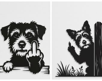 Könnte beinhalten: Schwarz-weiße Metallkunst mit Hundemotiv. Ein Teil zeigt einen Hund, der den Mittelfinger zeigt, der andere zeigt einen Hund, der hinter einem Zaun hervorlugt und ebenfalls den Mittelfinger zeigt. Geeignet für den Innen- und Außenbereich.