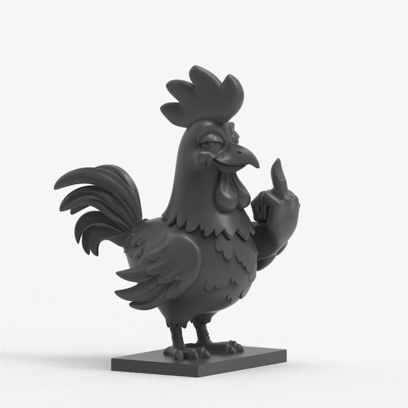 May include: A dark gray rooster figurine with a smug expression, giving the middle finger. The rooster stands on a square base, with detailed feathers and a prominent comb. A humorous and edgy decorative item.