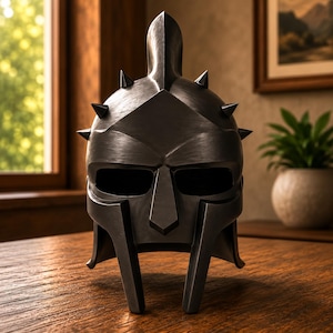 May include: A dark metallic gladiator-style helmet featuring a central crest, a pointed nose guard, and horizontal eye openings. The surface has a brushed finish with six small, sharp spikes protruding from the upper dome of the headpiece.
